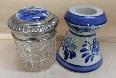 Buy Vintage Delfts Blue Lidded Glass Rouge? Jar & Candle Holder • 3.59£