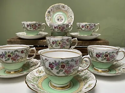 Buy Vintage Alderley Leonora Green Floral English Bone China 14 Piece Part Tea Set • 29.99£