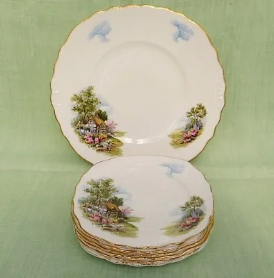 Buy Vintage Royal Vale Bone China Cottage Scene Cake Plate & 6 Square Side Plates • 17.99£