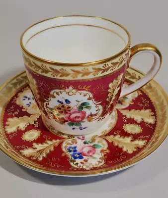Buy Antique English Cauldon Demitasse Cup Saucer Red Gilt Hand Enameled Florals • 259.87£