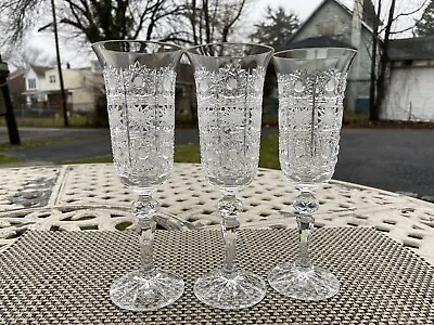 Buy 3 Bohemian Czech Crystal  Hand Cut Queen Lace Champagne Flutes • 52.10£