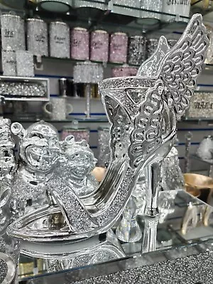 Buy XL Crushed Crystal Ceramic Silver Shoe With Wings Ornaments Shelf Sitter Bling • 21.99£