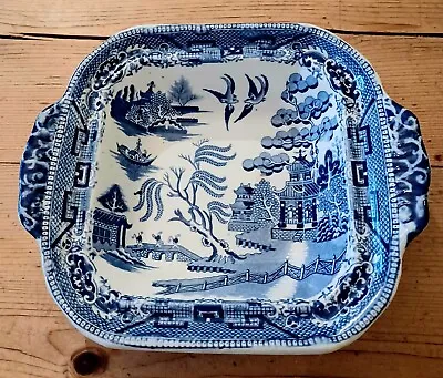 Buy An Antique White And Blue Stoneware Staffordshire Dish With Willow Pattern • 14.99£