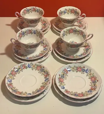 Buy Shelley Bone China POMPADOUR Footed Cup Trios, Set Of 4 With Extra Plates • 85.99£