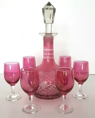 Buy Victorian Cranberry Cut To Clear Decanter & Glasses Set, Antique Pink Glass. • 120£