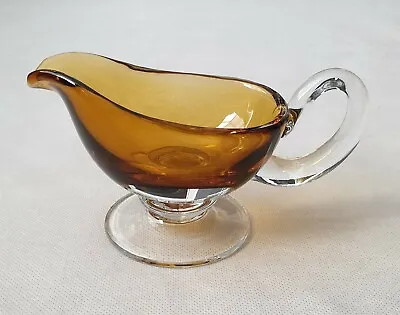 Buy Vintage MCM Heavy Art Glass Amber Coloured Jug With Clear Glass Handle And Base • 24.99£