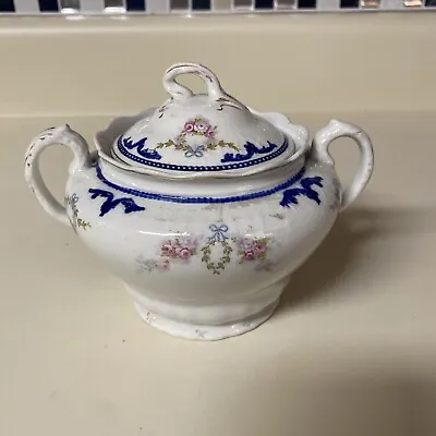 Buy Antique WH Grindley And Co Sugar Bowl England Blue White & Floral Cottage Core • 14.19£