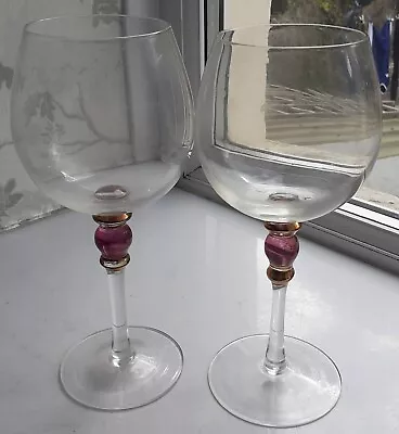 Buy 2 VINTAGE LARGE WINE GLASSES WITH CRANBERRY & GOLD BALL STEM Size Is 22 X 9 Cm • 11.99£