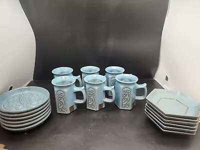 Buy 6 TYN LLAN Celtic Pattern Blue Stoneware Mugs,saucer Welsh Studio Pottery Trios  • 50£