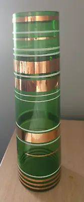 Buy Vintage  Czech Borske Sklo Cylindrical Green And Gilt Art Glass Vase 12'' • 19.99£