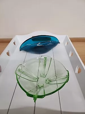 Buy Vintage Art Deco Style Green Glass Bowl And Blue Dish • 21.95£