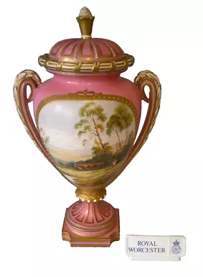 Buy Royal Worcester Twin Handled Vase On Plinth Cattle Scene On A Pink Back Ground • 250£