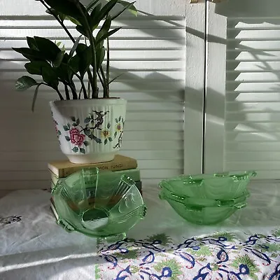 Buy Vintage Art Deco Green Glass Dessert Sundae Bowls Dishes X 4 • 12.99£