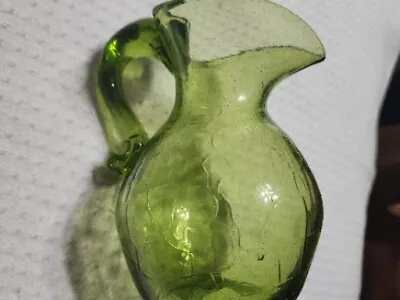 Buy VTG HANDBLOWN Green Crackle Glass Pitcher W/ Heart Shaped Spout , Applied Handle • 11.34£
