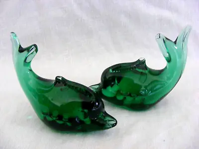 Buy Pair (2) Small Handmade Green Glass Dolphin / Fish Paperweights • 12.99£