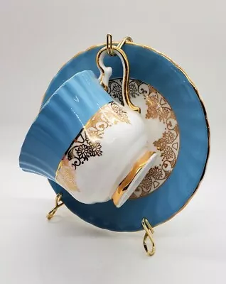 Buy H&M Sutherland Tea Cup & Saucer Bone China Blue Gold Gilded Floral England • 21.73£