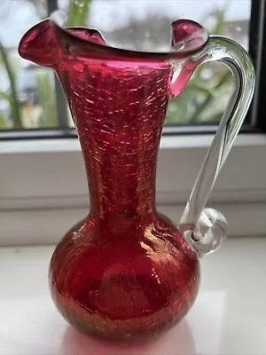 Buy Vintage Cranberry Red Crackle Glass Jug Pitcher With Clear Handle & Rough Pontil • 14.99£
