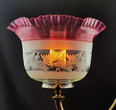 Buy Victorian Cranberry Threaded Engraved Glass Gas Kerosene Oil Lamp Tulip Shade • 23£