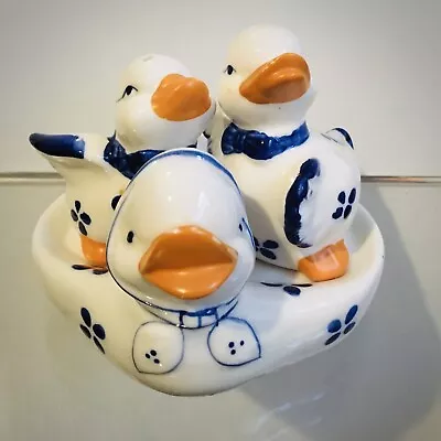 Buy Vintage Blue And White Pottery Duckling Salt And Pepper Shakers On Duck Base • 5£