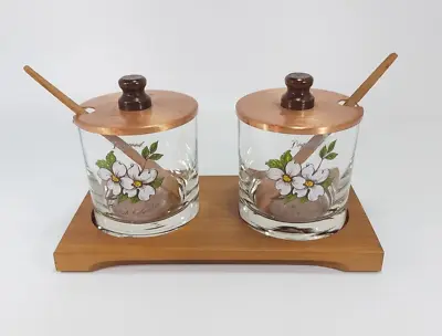 Buy Preserve Condiment Pots Vintage Double  Dogwood Canada  Glass Wood Floral Copper • 10£