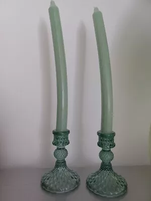 Buy 2 X Green Glass Candle Holders (10.5cm Tall) & Matching Green Candles - VGC. • 18£