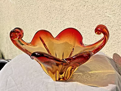 Buy Vintage Heavy Blood Red Orange Amber Volcano Art Glass Bowl Vase Flower Pot • 24.99£