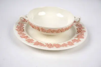 Buy RARE Wedgwood Queen’s Ware Embossed Pink Bouillon/Cream Soup Bowl & Saucer MINT • 186.82£
