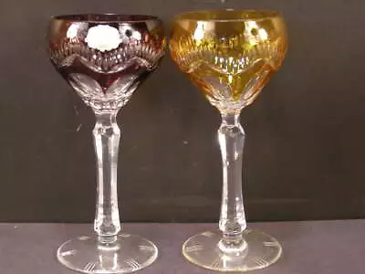 Buy 2 Bohemian Color Crystal Cut To Clear Wine Goblet Stem Val St Lambert Glass 2 Pc • 94.83£