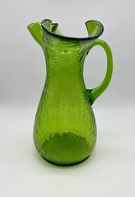 Buy Vintage Hand Blown Crackle Glass Green Pitcher Vase • 23.62£