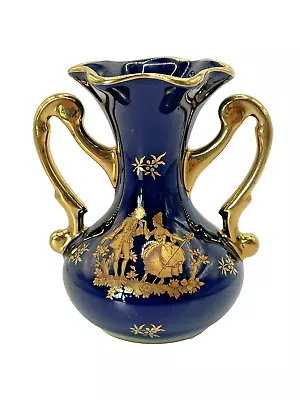 Buy Limoges Cobalt Blue And Gold Gilt Porcelain Courting Couple Two Handled Vase. • 28.45£