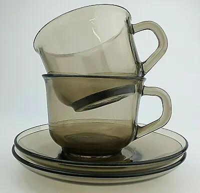 Buy Arcoroc France Set Of Two Cups Saucers Smoked Glass Vintage Retro • 9.47£