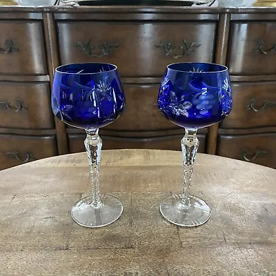 Buy 2 Vtg Ajka Cobalt Blue Water Goblet Glasses 8” Cut To Clear Bohemian Czech • 144.07£