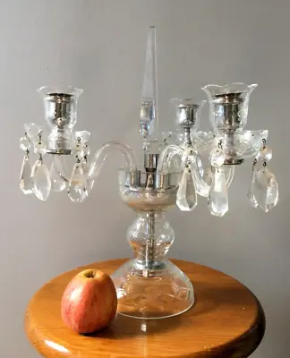 Buy Vintage Czech Cut Glass Crystal Drops 3 Branch Candelabra, Spire Lustre, Bohemia • 55£