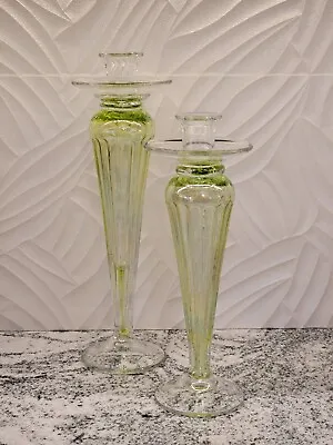 Buy Vintage Two VENETIAN MURANO Iridescent Green Glass Candlestick Candle Holder  • 57.15£