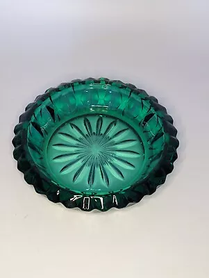 Buy Vintage Emerald Green Cut Glass Bon Bon Dish Ashtray Flower Base Scalloped Edge  • 15£