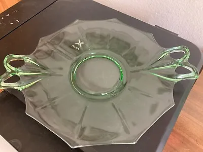 Buy Antique Green Drpression Glass Serving Plate With Handles Decagon Shape • 13.91£
