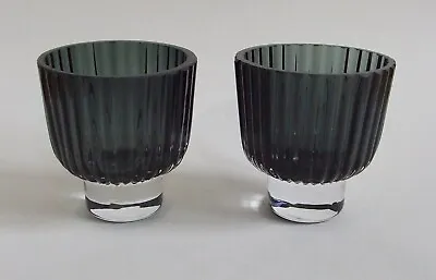 Buy A Pair Of Chunky Modernist Retro Glass Tea Light Holders Slate Grey 9cm Diameter • 5.99£