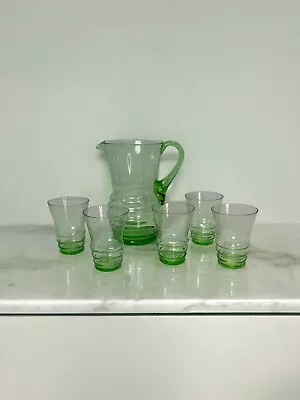Buy Incredible Lime Green MCM Retro Vintage Ribbed Glass Pitcher Jug & Cups X5 • 29.99£