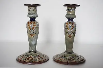 Buy Pair Royal Doulton Lambeth Candlesticks - Art Nouveau - Louisa Wakely - C.1905 • 285£