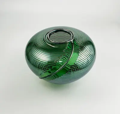 Buy Daniel Read Studio Art Glass Green  Primo  Footed Vase Striped Pulled Feather • 384.96£