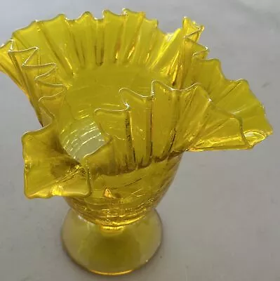 Buy Vintage Yellow Crackle Glass Vase Crimped Ruffled Rim Pedestal Compote 8  Tall • 57£