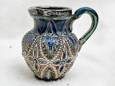 Buy Vintage Doulton Lambeth Pottery Milk Jug Ornate Sterling Silver Rim Hallmarked • 9.99£