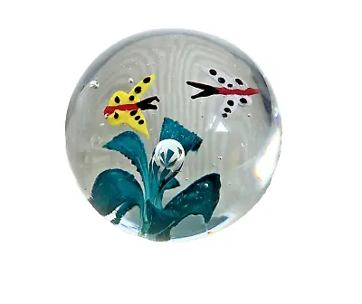Buy Paperweight Murano Butterflies Single Green Flower Encased Clear Glass Vintage • 4£