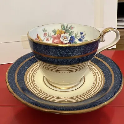 Buy Vintage Aynsley Bone China Cup And Saucer Dark Blue With Flowers • 11.50£