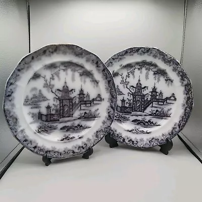 Buy Pair Antique 19th C Ironstone Pottery Black Transferware Plates Chinoserie Style • 49.99£