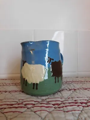Buy Vintage Studio Pottery Milk Jug With Hand Painted Sheep Green Blue White Brown • 7.99£