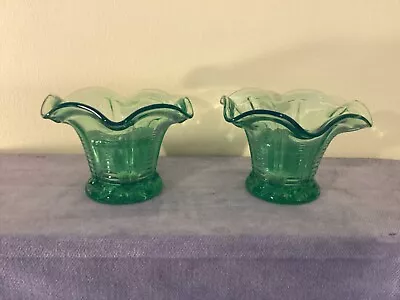 Buy 2 X Vintage Art Deco Era FLUTED GREEN GLASS POSY VASES With FROGS Uranium 30s AF • 12£