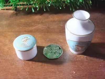Buy 2 Spode Bone China Miniatures 1 Lidded Pot & 1 Vase Pale Aqua Cherubs • 10.99£