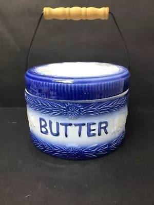 Buy Salt Glaze Stoneware Butter Crock With Liid  Blue & White Cow Pattern Pottery • 75.83£