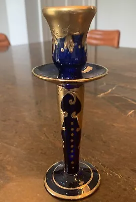 Buy Cobolt Blue Gold Vintage Glass Candle Stick Murano Czech Persian 8 Inch Bohemia • 18£